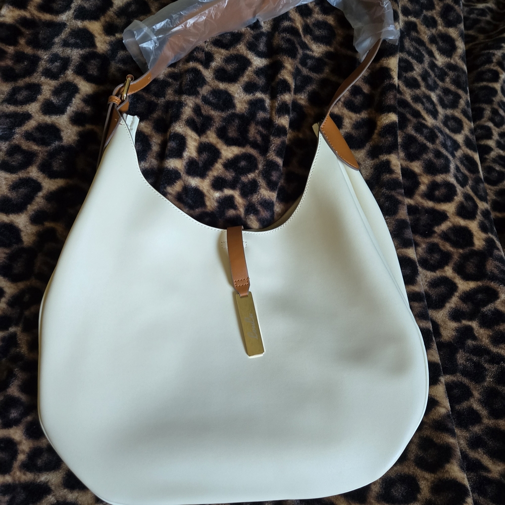 Cream Faux Leather Hobo Bag with Tan Accents